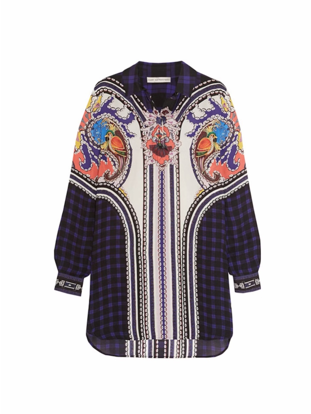 Mary Katrantzou 100% Silk Purple Print Long-Sleeve Tunic Dress Size Large